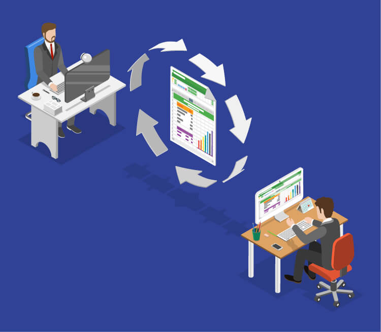 conceptual isometric diagram of two users co-authoring an excel sheet