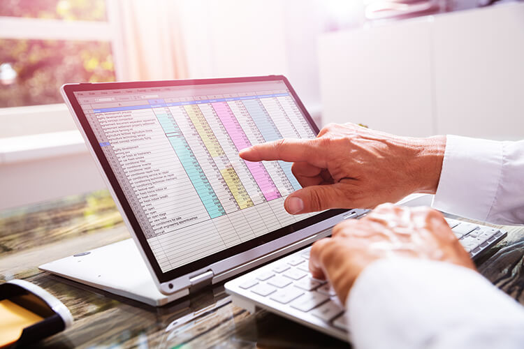 man pointing at data in an excel spreadsheet on his laptop