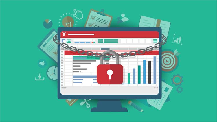 A stylized image of a spreadsheet displayed on a computer monitor, with a chain and padlock across it.