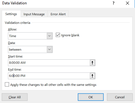 excel screenshot, data validation window