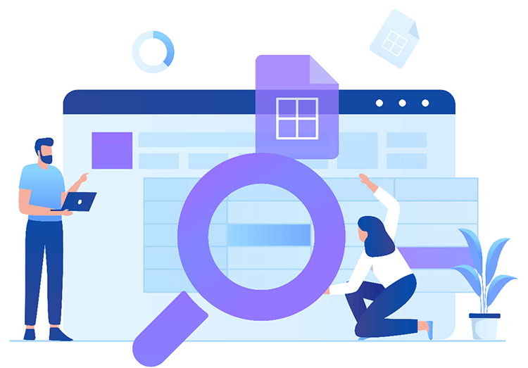 conceptual diagram of man and woman working on a spreadsheet with magnifying glass