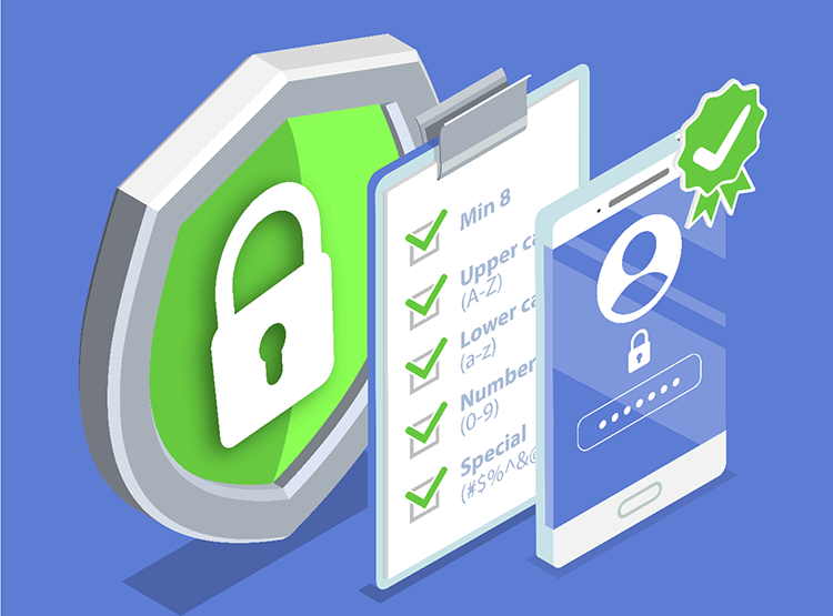 isometric diagram of mobile phone with password screen and list of password requirements with green security lock