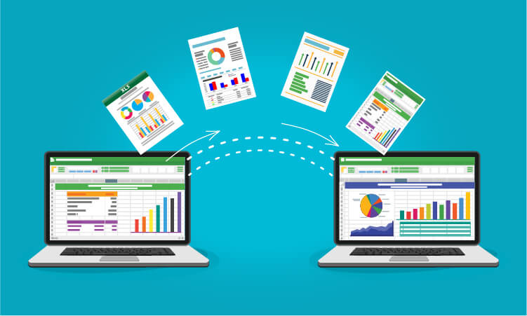 conceptual diagram of two laptops sharing excel documents