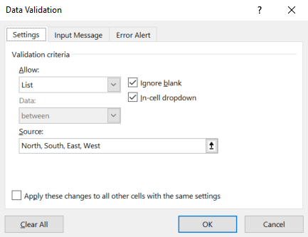 excel screenshot, creating drop-down lists